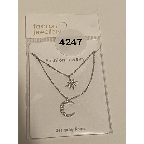 Kanna Two-Layer Necklace Sliver Moon & Star Pendant Sparkle Jewelry Adjustable - Picture 2 of 3